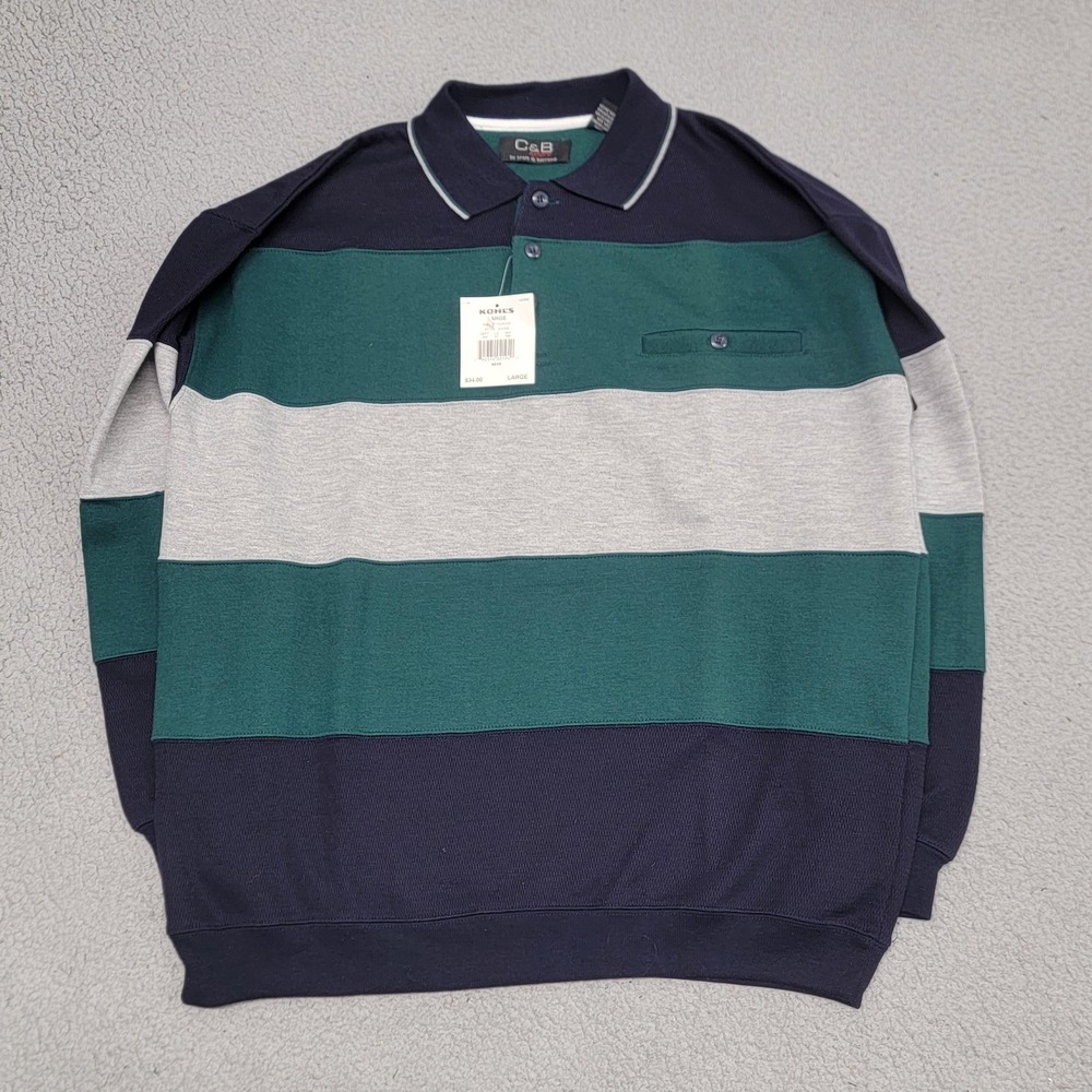 Croft Barrow C&B Sport Polo‎ Shirt Mens Large Blue Stripe Long Sleeve Knit NWT